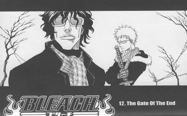 Black and white 4K Ultra HD Bleach anime wallpaper featuring Ichigo Kurosaki and Yasutora Sado with barren trees and The Gate Of The End text.