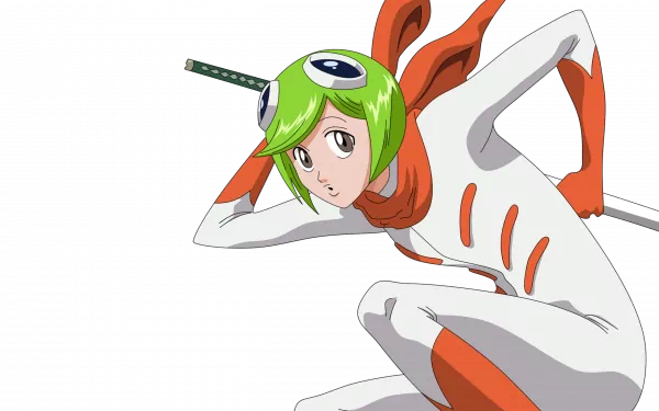 Mashiro Kuna from Bleach in green goggles and white-orange suit, striking a dynamic pose with katana — 2K Quad HD anime PC desktop wallpaper background.