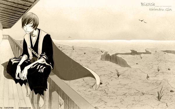 Sepia 2K Quad HD desktop wallpaper of anime character Gin Ichimaru from Bleach, seated on a railing with a sly smile, overlooking a windswept coastal landscape.