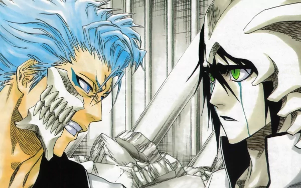 HD anime desktop wallpaper featuring Ulquiorra Cifer and Grimmjow Jaegerjaquez from Bleach in an intense face-off scene.
