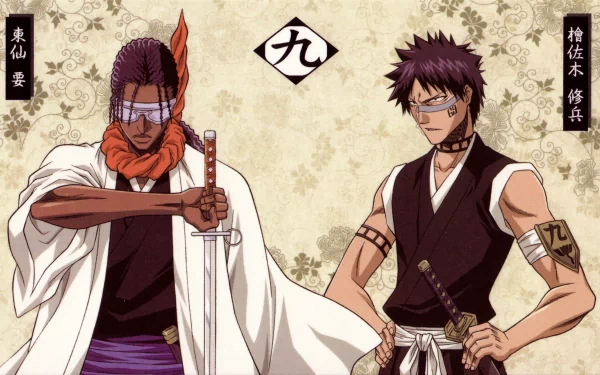 HD PC desktop wallpaper featuring Kaname Tosen and Hisagi Shūhei from the anime Bleach against a traditional patterned background.