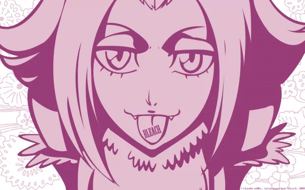 Monochrome pink close-up of Haineko from Bleach, mischievous grin with a 'BLEACH' tag on her tongue, floral backdrop — 2K Quad HD anime PC desktop wallpaper.