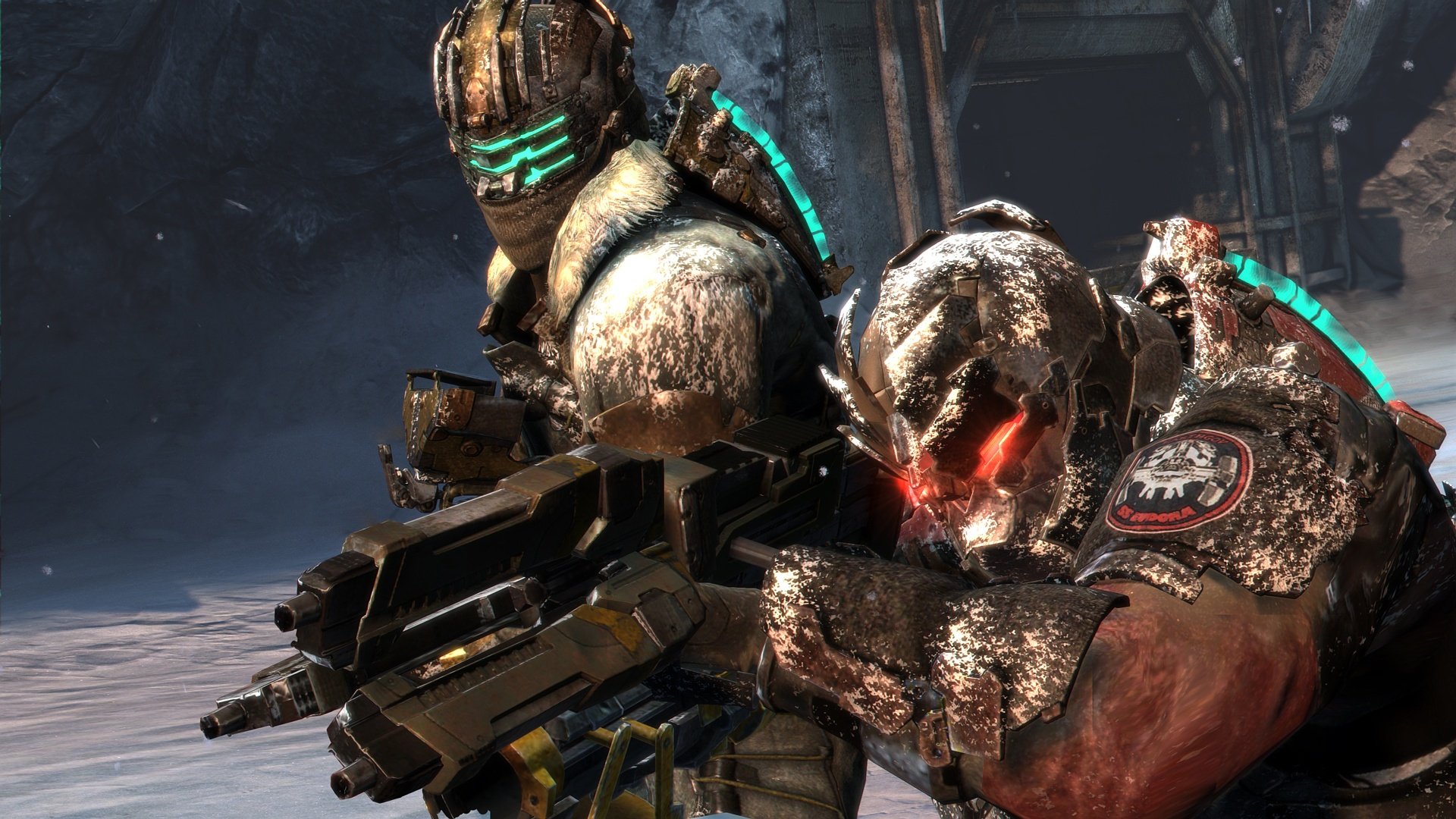 Dead Space 3 HD PC desktop wallpaper: two armored space marines with glowing visors and spine lights, wielding heavy weapons amid snow-covered, industrial ruins.