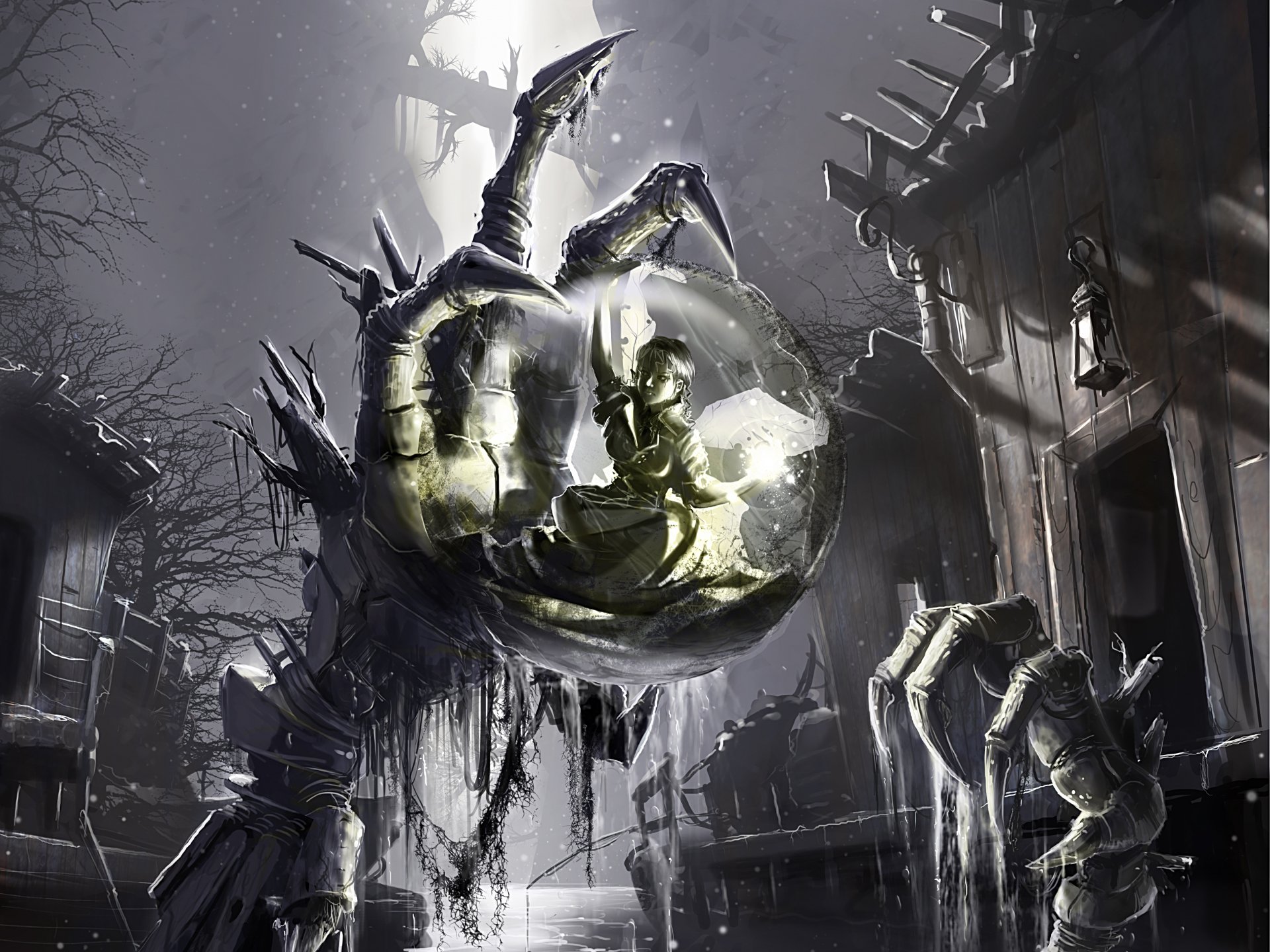Dark fantasy HD PC desktop wallpaper depicting a sinister, skeletal claw holding a glowing orb amidst a eerie, shadowy environment.