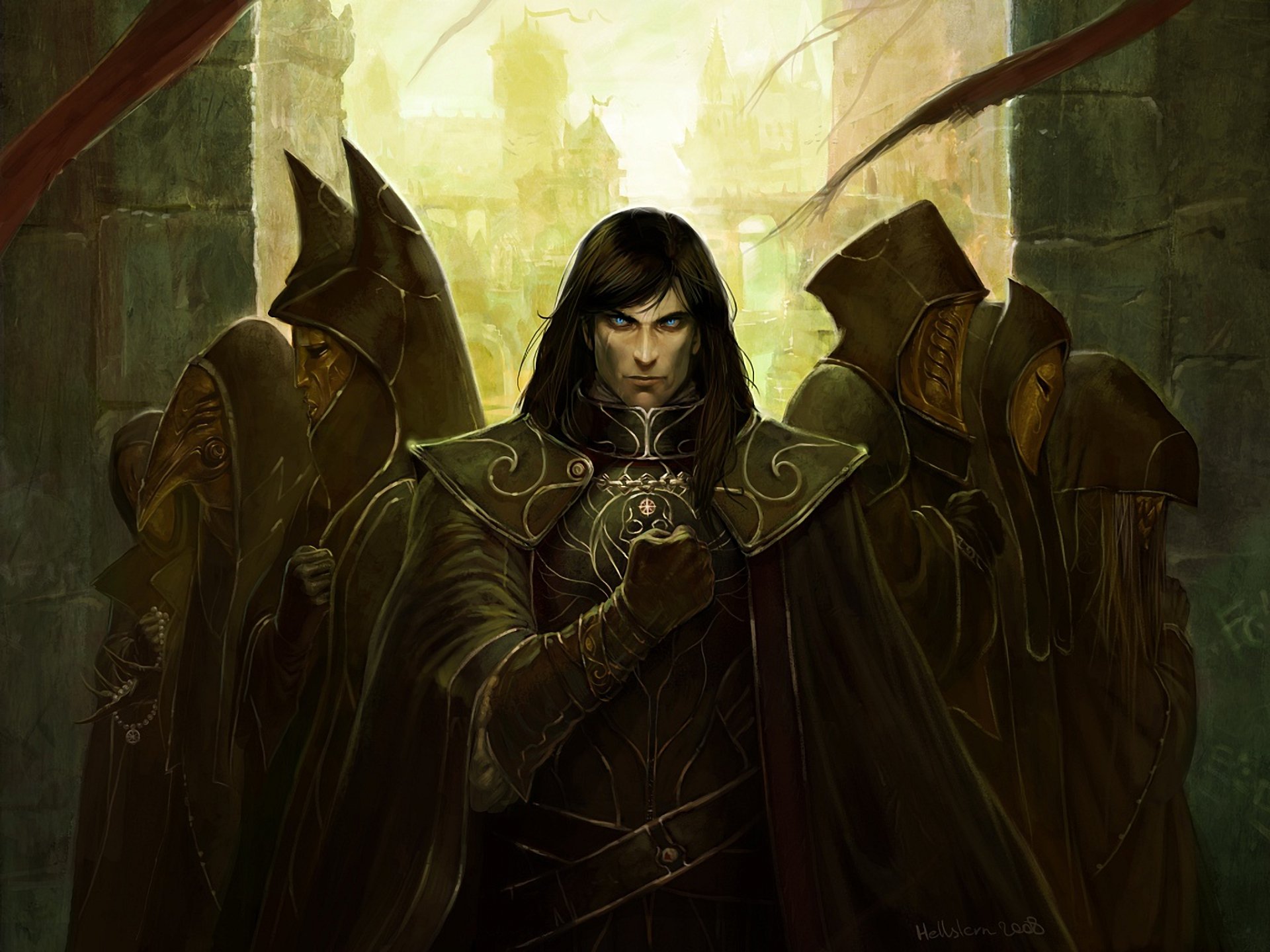 A fantasy warrior stands confidently in the foreground, flanked by shadowy figures, set against a mystical backdrop, creating an intriguing HD desktop wallpaper.