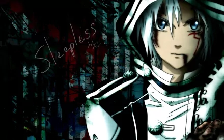HD wallpaper of Allen Walker from the anime D.Gray-man, featuring his blue eyes and blood on his face, with a dark backdrop and the word Sleepless written.