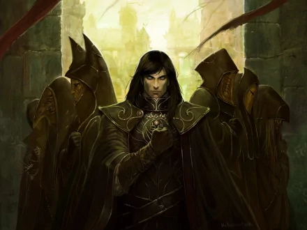 A fantasy warrior stands confidently in the foreground, flanked by shadowy figures, set against a mystical backdrop, creating an intriguing HD desktop wallpaper.