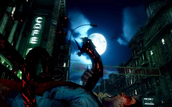 HD PC desktop wallpaper from the video game The Darkness II, featuring a dark urban scene with menacing tentacles and a glowing full moon in the background.