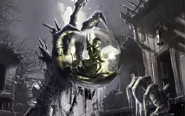 Dark fantasy HD PC desktop wallpaper depicting a sinister, skeletal claw holding a glowing orb amidst a eerie, shadowy environment.