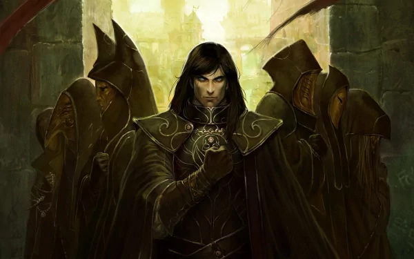 A fantasy warrior stands confidently in the foreground, flanked by shadowy figures, set against a mystical backdrop, creating an intriguing HD desktop wallpaper.