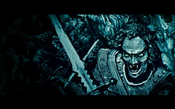 HD PC desktop wallpaper featuring a dark, intense scene from the movie Underworld: Rise of the Lycans with a snarling armored figure and gothic elements.