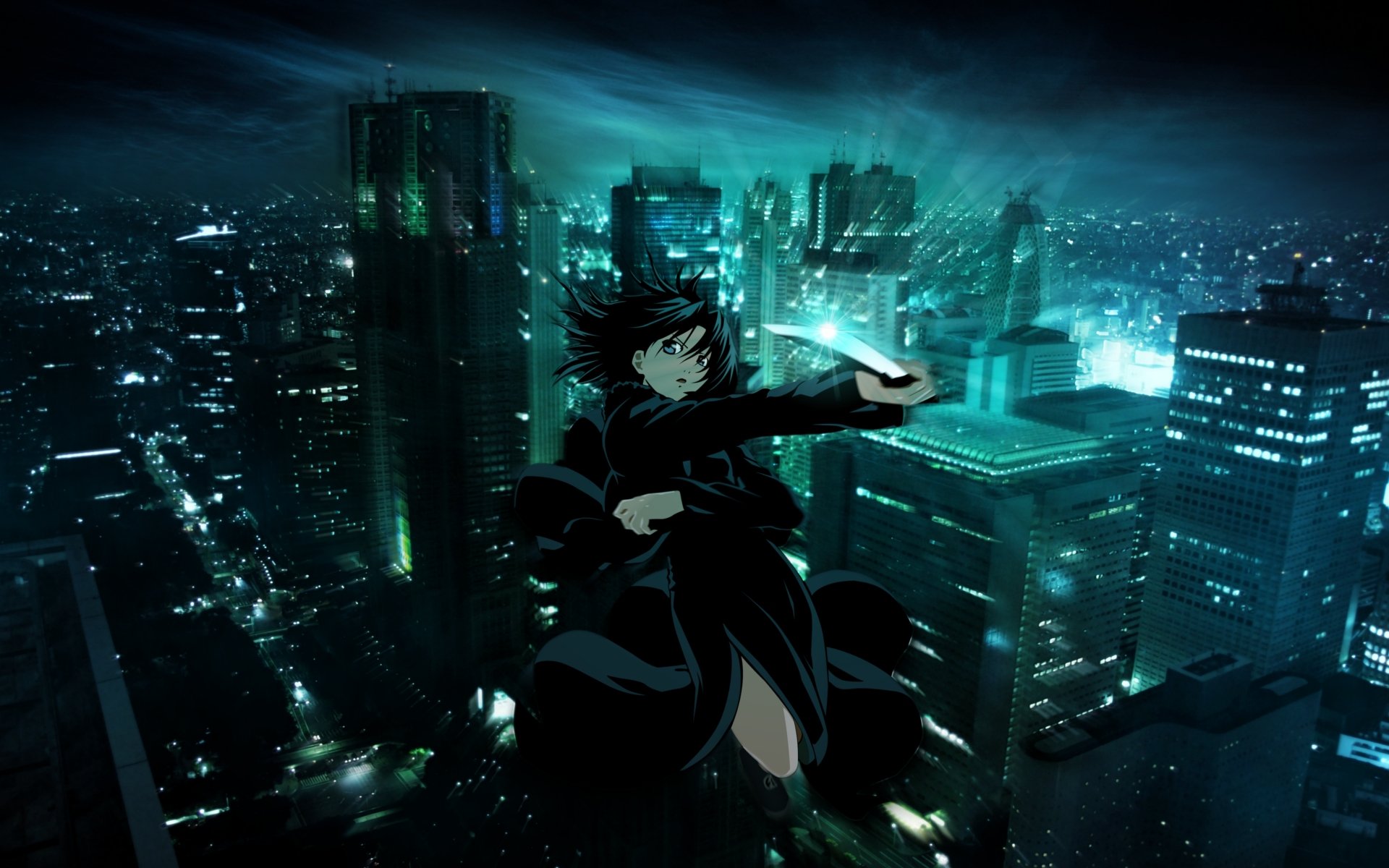 HD anime desktop wallpaper featuring a dark cityscape from The Garden of Sinners, with a character wielding a knife soaring above illuminated skyscrapers.