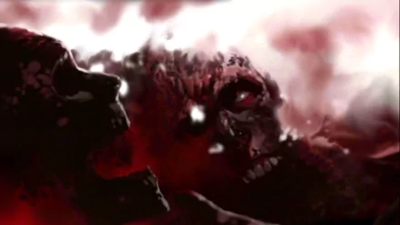 Comic-style HD PC desktop wallpaper/background: blood-red I Am Legend scene — a skull-like infected looming over a fallen silhouette, evoking sacrificing the few for the many.
