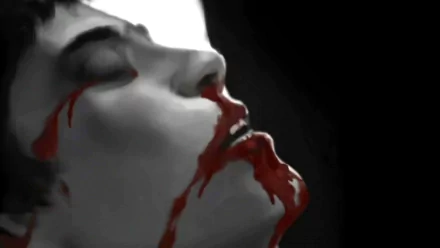 Comic-style HD PC desktop wallpaper: I Am Legend - sacrificing the few for the many — close-up of a pale face with vivid blood streaks against a stark dark background.