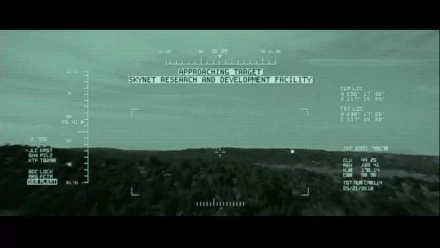 A high-definition desktop wallpaper from the movie Terminator Salvation, featuring a digital display targeting the Skynet Research and Development Facility against a dramatic landscape backdrop.