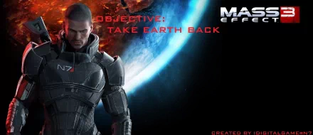 HD PC desktop wallpaper featuring Commander Shepard from Mass Effect 3 against a backdrop of Earth and space, with the text OBJECTIVE: TAKE EARTH BACK and the Mass Effect logo.
