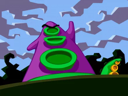 HD desktop wallpaper featuring a stylized purple tentacle from the 1993 video game Day of the Tentacle against a cloudy sky background.