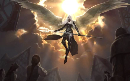A majestic HD desktop wallpaper depicting Avacyn, an angel warrior from Magic: the Gathering, with glowing wings and wielding a staff, descending from the sky amidst a crowd in awe.