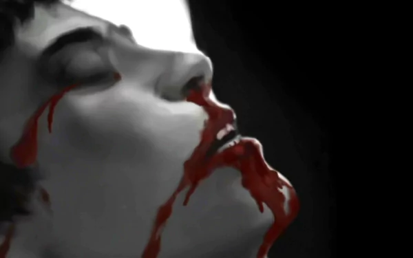 Comic-style HD PC desktop wallpaper: I Am Legend - sacrificing the few for the many — close-up of a pale face with vivid blood streaks against a stark dark background.