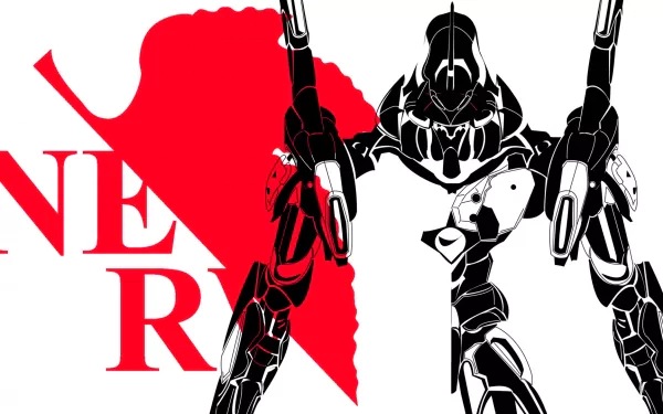 A striking HD wallpaper featuring a black and white mecha from Neon Genesis Evangelion, alongside the bold red NERV logo, showcasing the anime's iconic design elements.