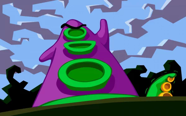 HD desktop wallpaper featuring a stylized purple tentacle from the 1993 video game Day of the Tentacle against a cloudy sky background.