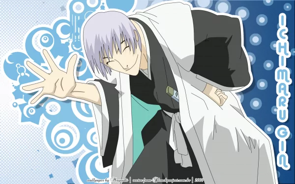 HD PC desktop wallpaper featuring Gin Ichimaru from the anime Bleach, depicted with a playful pose against a blue background with circular patterns.