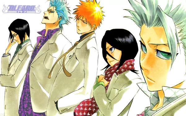 A vibrant HD wallpaper featuring characters Uryu Ishida, Grimmjow Jaegerjaquez, Tōshirō Hitsugaya, Ichigo Kurosaki, and Rukia Kuchiki from the anime Bleach.