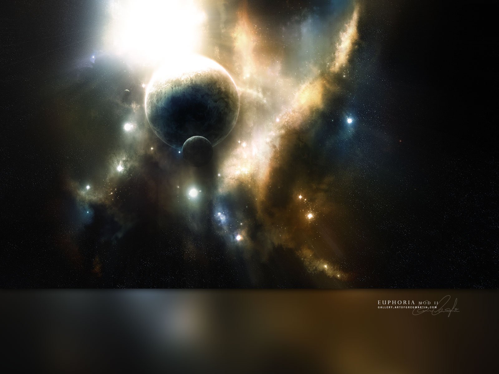 Sci-Fi HD PC desktop wallpaper and background: a glowing planet with a crescent moon set in luminous nebula clouds and starfields above a reflective horizon.