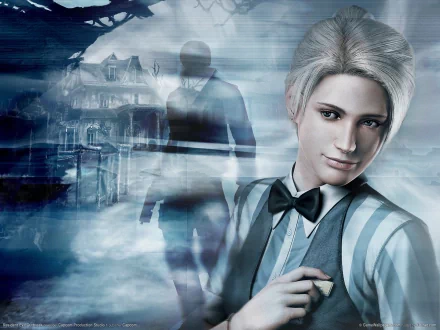 HD PC desktop wallpaper featuring Cindy Lennox from the video game Resident Evil Outbreak, showcasing her in a striped uniform with a mysterious, eerie background.