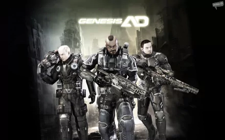 HD PC desktop wallpaper for the video game Genesis A.D.: three armored soldiers with guns stride through a ruined city beneath a glowing logo.