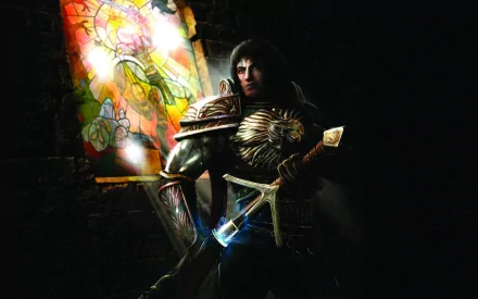HD PC desktop wallpaper: Dungeon Siege III video game warrior in ornate armor clutching a glowing sword in a shadowy dungeon beside a vivid stained-glass window.