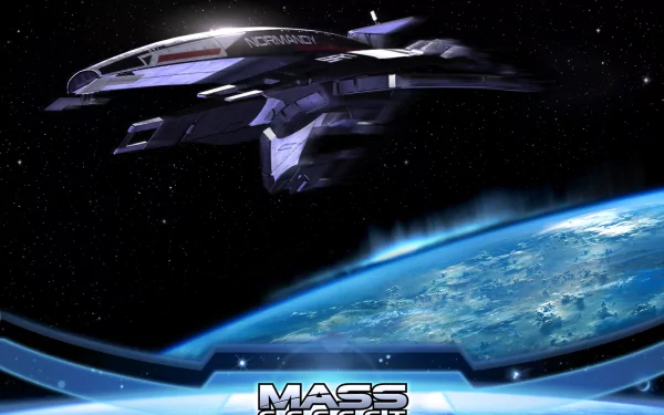 HD wallpaper featuring the Normandy SR-1 from the video game Mass Effect, showcasing the starship above a vibrant blue planet in an expansive space backdrop.