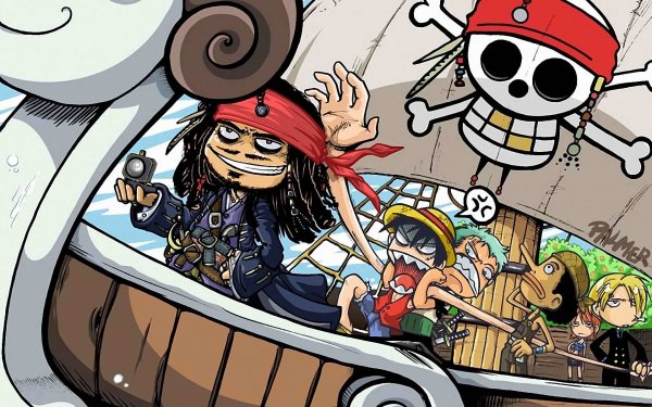Anime Crossover Monkey D. Luffy Nami Usopp Sanji Roronoa Zoro Piratas del Caribe Jack Sparrow Fondo de pantalla HD | Fondo de Escritorio