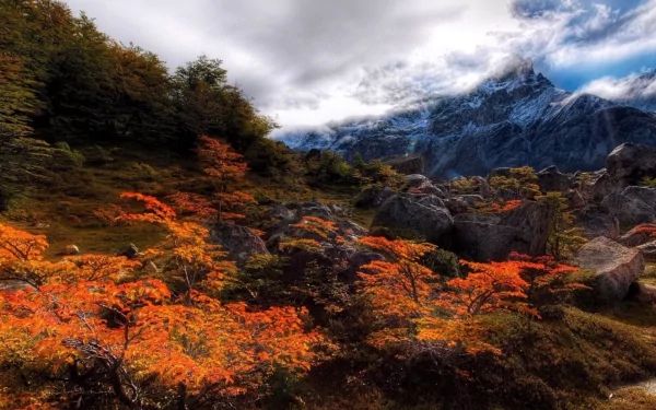 HDR landscape of a mountainous fall scene with vibrant orange trees and rocky terrain under a dramatic cloudy sky, captured in high definition for a PC desktop wallpaper.