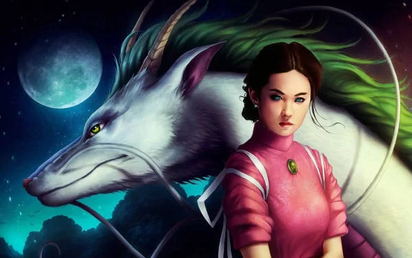 A stunning HD desktop wallpaper featuring characters from the anime Spirited Away, showcasing a girl in a pink dress beside a mystical creature against a moonlit background.