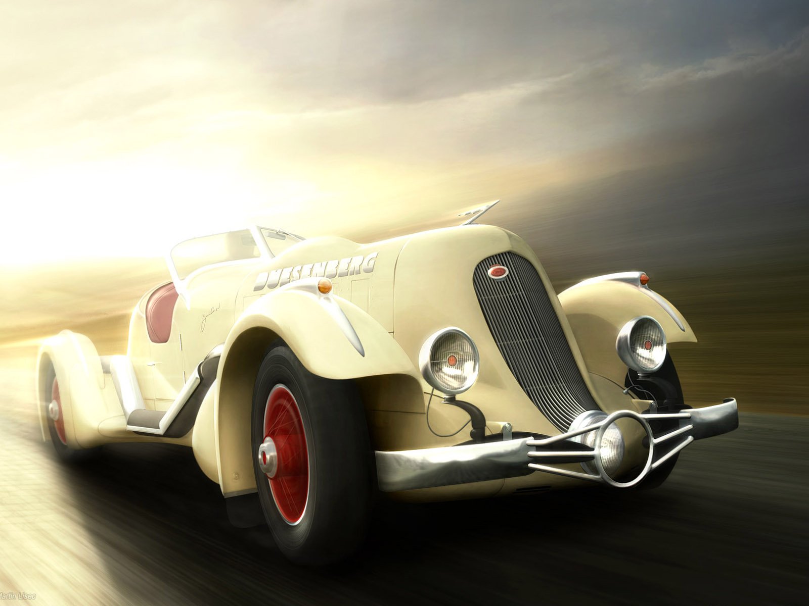 HD PC desktop wallpaper: cream Duesenberg vintage car speeding along a sunlit road, chrome grille and red wheels blurred in motion.