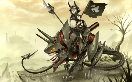 Anime-style creature featuring a robotic wolf with glowing eyes and spikes, ridden by a warrior holding a spear and flag, set in a desolate landscape from Pixiv Fantasia V.