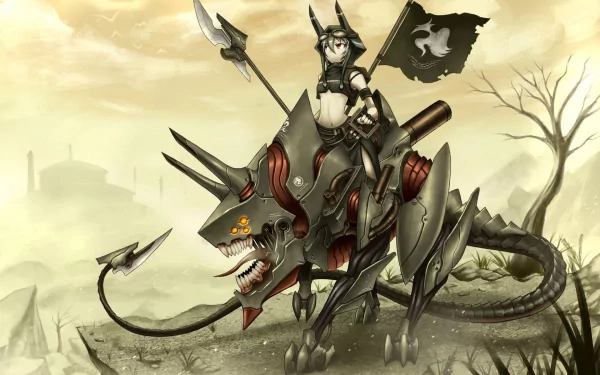 Anime-style creature featuring a robotic wolf with glowing eyes and spikes, ridden by a warrior holding a spear and flag, set in a desolate landscape from Pixiv Fantasia V.