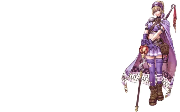 Anime HD PC desktop wallpaper by Shunya Yamashita — purple-clad female warrior in ornate armor and a cape stands at right holding a long staff, wide white space to the left.