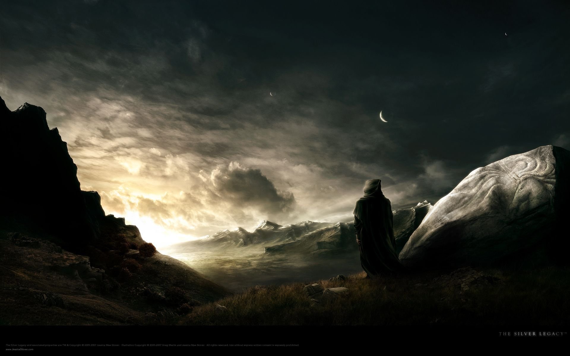 HD fantasy landscape desktop wallpaper depicting a dark, mystical scene with a cloaked figure under a moody sky and a crescent moon.
