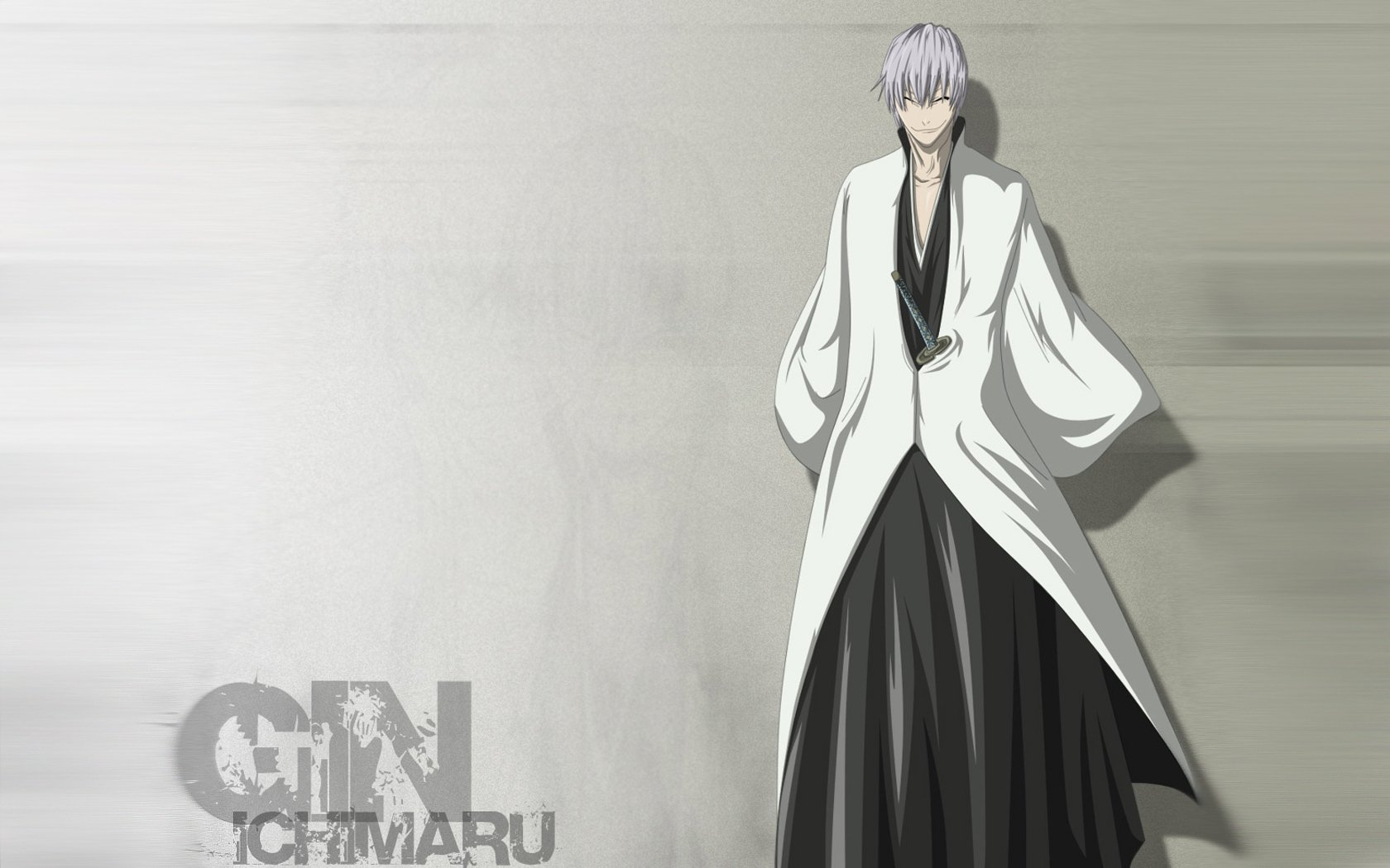 Gin Ichimaru from Bleach stands against a pale wall in white haori and black robes, sly smile; HD PC desktop wallpaper background, anime artwork