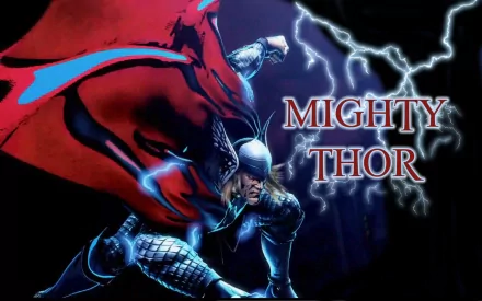HD PC desktop wallpaper featuring Mighty Thor from Marvel vs. Capcom, blending Street Fighter comic style with dynamic lightning and bold text.