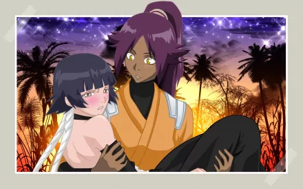 HD PC wallpaper of Bleach anime: Yoruichi Shihôin cradling a blushing Soifon against a tropical sunset with a purple starry sky and palm silhouettes.