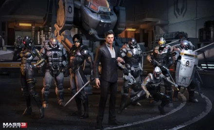 HD PC desktop wallpaper featuring Illusive Man, Kai Leng, and other characters from the video game Mass Effect 3 in a futuristic hangar setting.