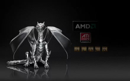 HD PC desktop wallpaper featuring a sleek metallic dragon with wings spread, alongside AMD and ATI technology logos on a dark background.