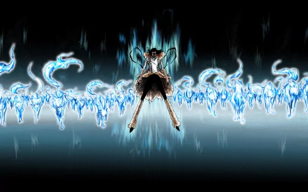 HD PC desktop wallpaper featuring Coyote Starrk from the anime Bleach, surrounded by glowing blue flames against a dark background.