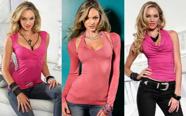 A stylish desktop wallpaper featuring a model posing in various pink outfits. The image showcases her confident look and elegant accessories, capturing a vibrant fashion aesthetic.