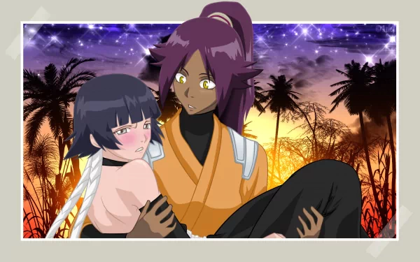 HD PC wallpaper of Bleach anime: Yoruichi Shihôin cradling a blushing Soifon against a tropical sunset with a purple starry sky and palm silhouettes.