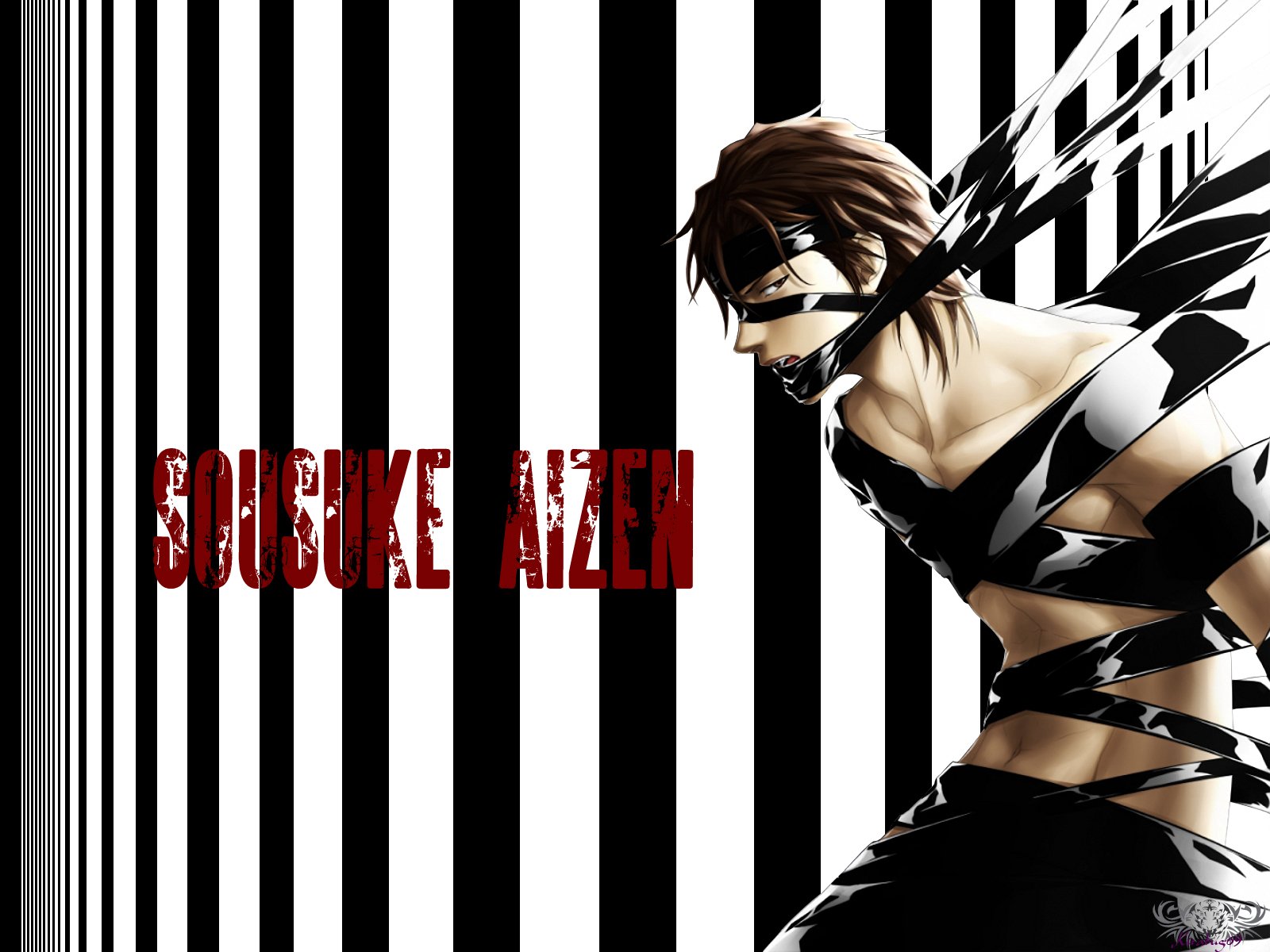 HD PC desktop wallpaper of Sōsuke Aizen (Bleach): masked, ribbon-wrapped figure against bold black-and-white vertical stripes with distressed red Sōsuke Aizen lettering.