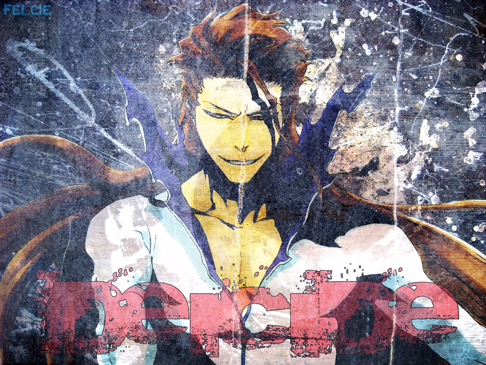HD anime desktop wallpaper featuring Sōsuke Aizen from Bleach with a dark, textured background and intense, confident expression.